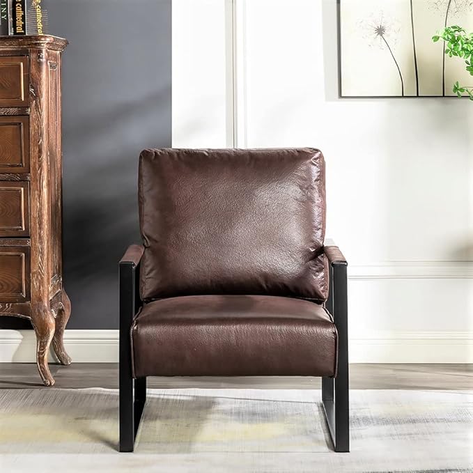 Container Furniture Classic Mid Century Modern Accent Chair with Durable Square Metal Frame Armchair for Living Room Bedroom Home Office in Spotted Microfiber Upholstery Dark Brown