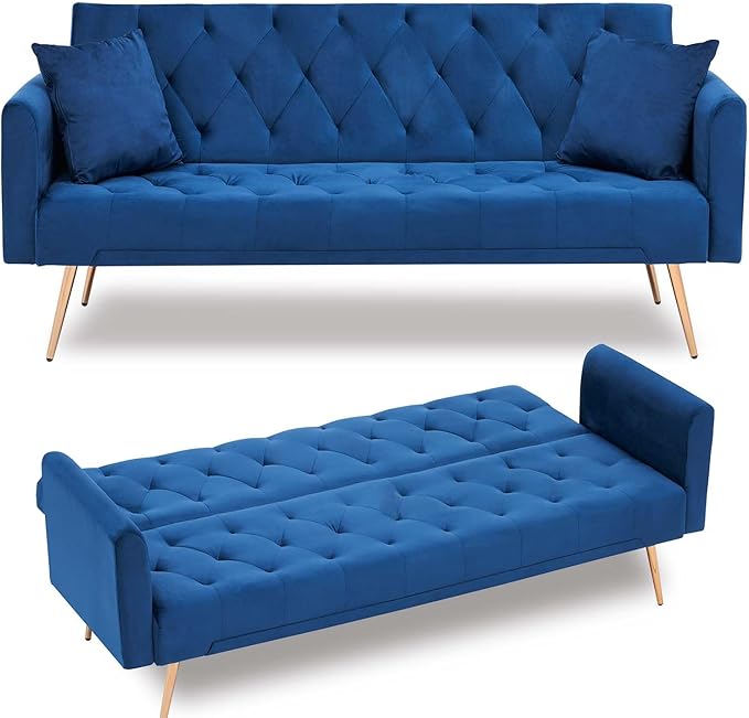71 Convertible Folding Sleeper Sofa CouchModern Velvet Loveseat Sleeper with 2 Pillows Futon Sofa Bed with Mattress and Frame for Living RoomBedroomSmall Space (Blue)