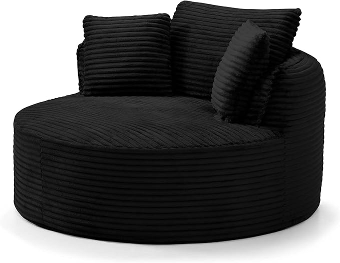Antetek 53-inch Round Chaise Lounge Chair Indoor Modern Cloud Single Corduroy Couch with 3 Pillows Boneless Compressed Memory Foam Sofa Chair for Living Room Bedroom Apartment Black