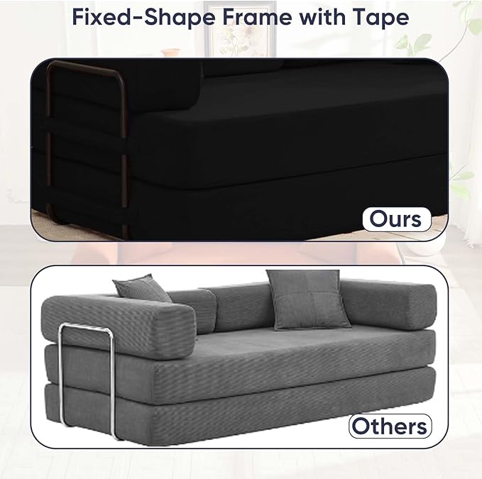 ijuicy 4-in-1 King Convertible Floor Sofa Bed w/ 2 PillowModular Sleeper Sofa/Folding Futon Couch Bed w/Cylindrical Backrest and Fixed FrameLounge CouchCorduroy Compression Sofas for Home-Black