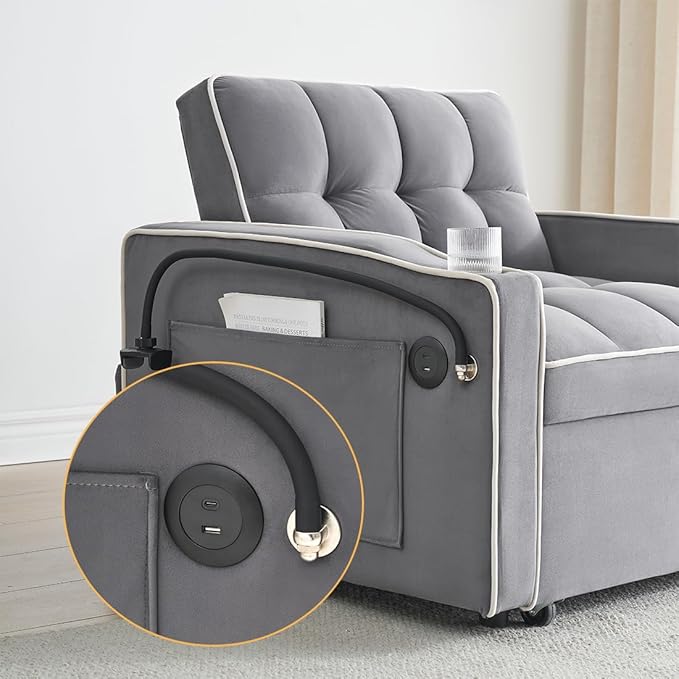 3 in 1 Convertible Sleeper Chair Modern Pull Out Couch Bed Single Recliner with Adjustable Back Velvet Futon Folding Sofa Bed Chair for Living Room Bedroom Small Spaces (Gray-2)
