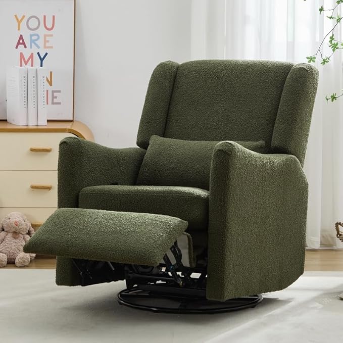 Polibi 29.5'' Wide Wingback Swivel Rocker Recliner Chair Rocking Chair with Head &amp Lumbar Support Modern Accent Chair for Living Room Seaweed Green + Teddy
