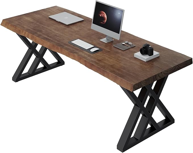 Solid Wood Computer Desk Study Office Desk 55 Writing Desk Modern Simple Style PC Table Black Metal Frame Solid Wood Planks 55 D x 27 W x 29 H for Home Office BedroomRustic Brown