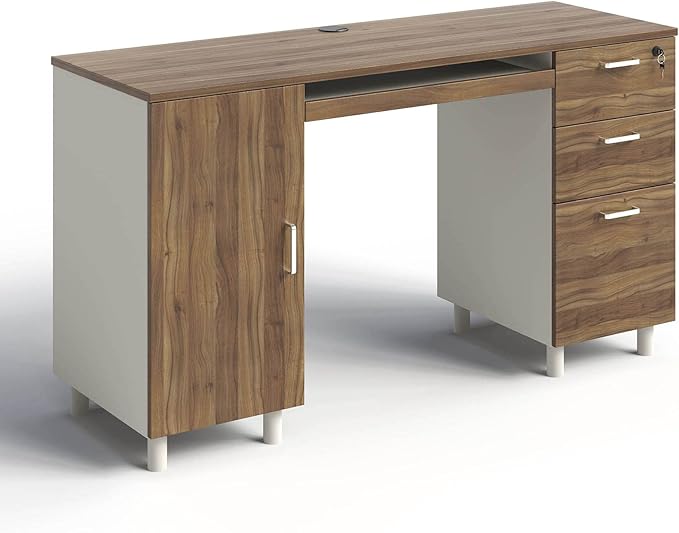 Modern Design Venice Computer Office Desk with 3 Locking Drawers and Storage Cabinet 53 Inch Home and Office Executive Walnut and White Desk with Keyboard Tray by Crafts and Comfort