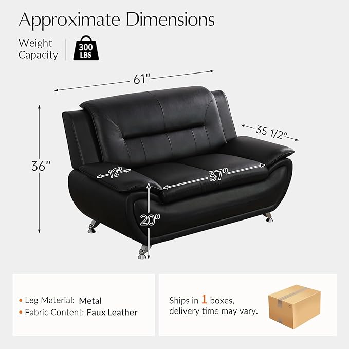 Leather Loveseat Sofa60 Love Seat Couch for Living RoomModern Leather Couch with Metal LegsSmall Love seat Sofa for ApartmentBedroomOfficeDormLounge(Black)