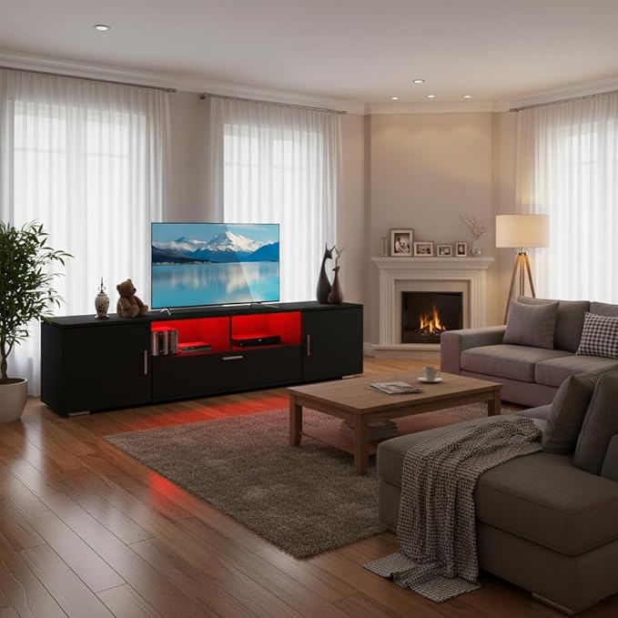 Modern Black TV Stand for TVs up to 75 Inches – LED Light Entertainment Center with Drawer &amp Cabinets Media Console with Storage Shelves for Living Room