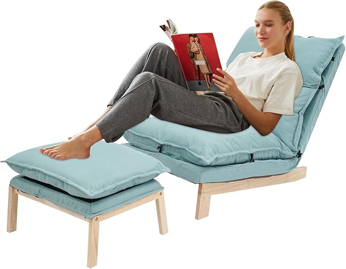 Single Lazy Sofa Lounge Chair with Footstool 5-Position Reclining Comfort for Living Room Balcony Japanese Tatami Floor Recliner Modern Leisure Recliner Indoor Use Green
