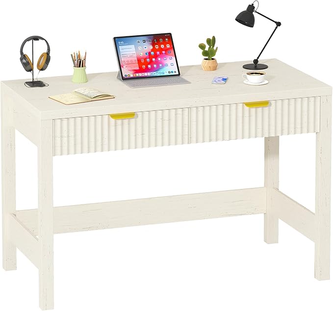 Fluted Computer Desk with 2 Drawers 39 Inch Small Computer Desk with Storage Compact Writing Study Vanity Desk for Small Spaces White