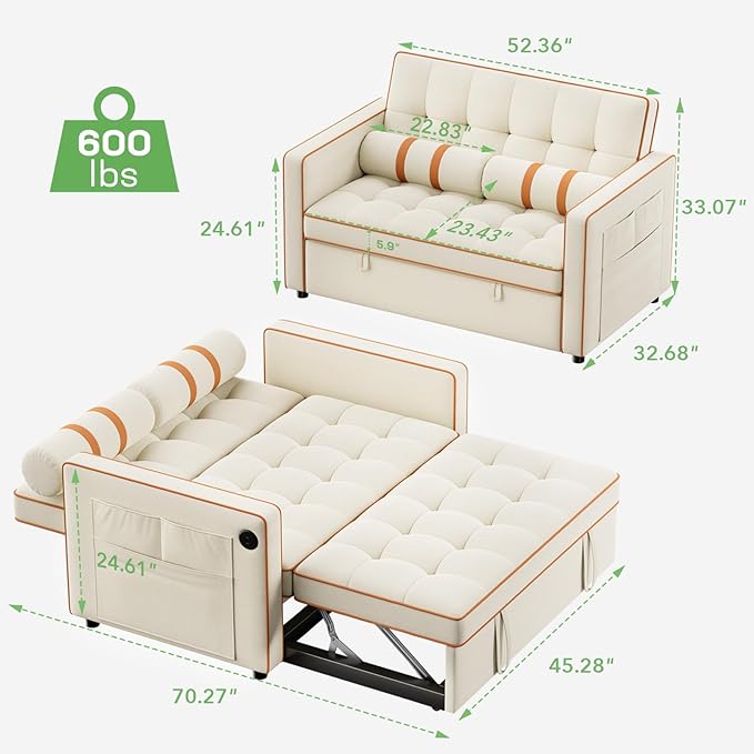 Marsail 3-in-1 Convertible Futon Sleeper Sofa Bed Pull Out Couch with Adjustable Backrest USB Charging &amp Side Pockets Velvet Fabric Sofa Loveseat for Living Room Apartment Ivory White
