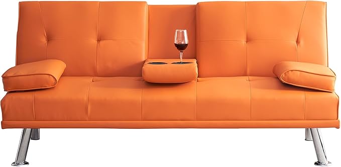 Futon Sofa Bed Modern Folding Couch for Small Space Faux Leather Convertible Loveseat Sleeper Bed Daybed Recliner Lounge Sofas for Living Room2 Cup HoldersMetal LegsRemovable Armrests (Orange)
