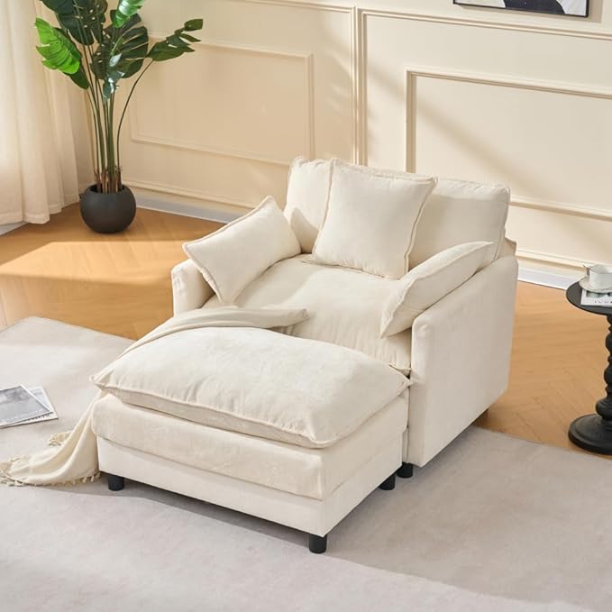 39.4 Modern Accent Chair with Ottoman Living Room Club Chair Chenille Upholstered Armchair Reading Chair for Bedroom (Beige + Fabric + Plastic + Steel + Wood + Foam + 1 Seat)