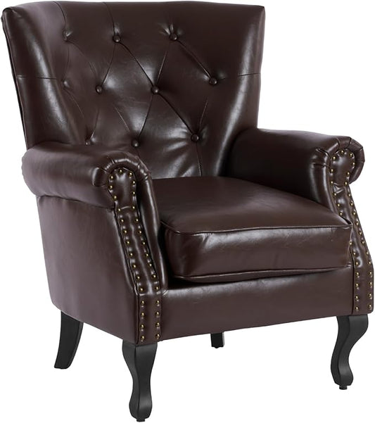 MOJAY PU Leather Accent Chair Mid-Century Modern Armchair Living Room Club Chair with Tufted Button &amp Rivet Trim Upholstered Sofa Chair with Sturdy Wood Legs for Bedroom (Caramel)