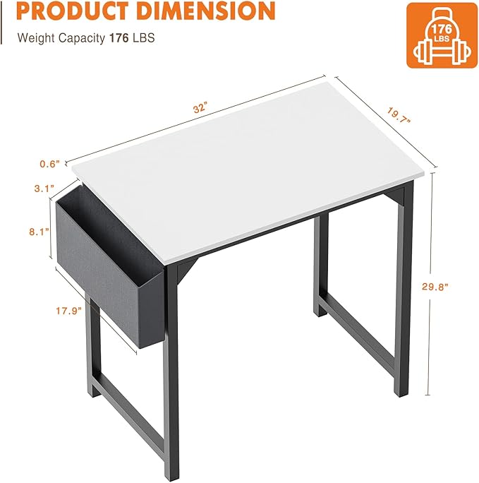 Sweetcrispy Computer Small Office Desk 32 Inch Kids Student Study Writing Work with Storage Bag &amp Headphone Hooks Modern Simple Home Bedroom Table - White