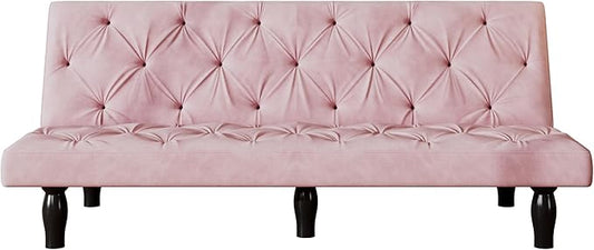 66 Pink Velvet Futon Sofa Bed Sturdy Wood Frame &amp High-Elastic Foam 3 Adjustable Gears Multi-Functional for Living Room/Apartment/Bedroom Easy Assembly