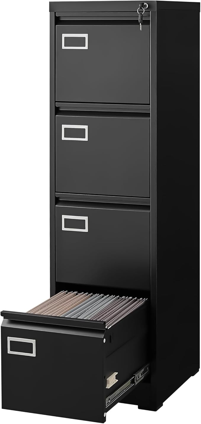 4 Drawer Small Vertical File Cabinet with Lock Under Desk Locking Drawers Storage Cabinet Organizer for HomeOffice Filing Cabinets Letter Size/A4/Legal FileBlack