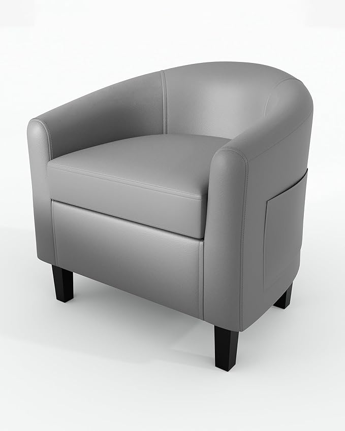 DEXSO Faux Leather Barrel Chair Accent Club Chair with U-Shaped Backrest &amp Soft Padded Seat – Elegant Armchair for Living Room Bedroom Office &amp Waiting Areas-Grey