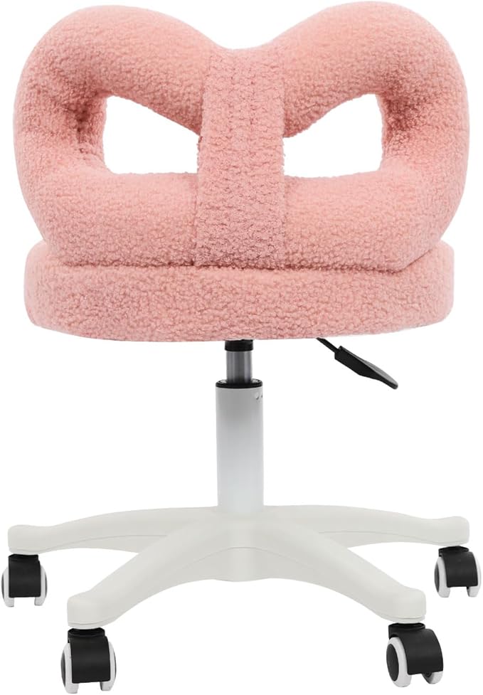 Cute Bow Backrest Chair Pink Make-up Chair Height Adjustable Roller Chair with 5 Wheels Armless Dressing Chair Small Upholstered Accent Chair Desk Chair for Bedroom Living Room