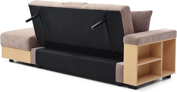 Convertible Sleeper Couch Multi-Functional Sofa Sleeper with Storage Ottoman and 2 Drawers Sectional Couch for Living Room Drop Down Table with 2 Cup Holders Storage Armrest Design (Light Brown)