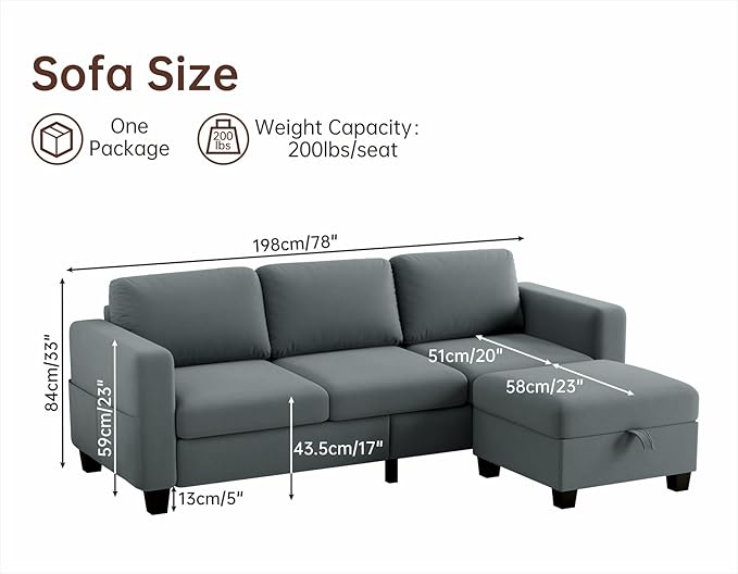 Sectional Sofas Couches for Living Room 3 Seater L Shaped Couch with Storage Ottoman 78 Modern Velvet Fabric Grey Sofa for Apartment Studio Office Small Space