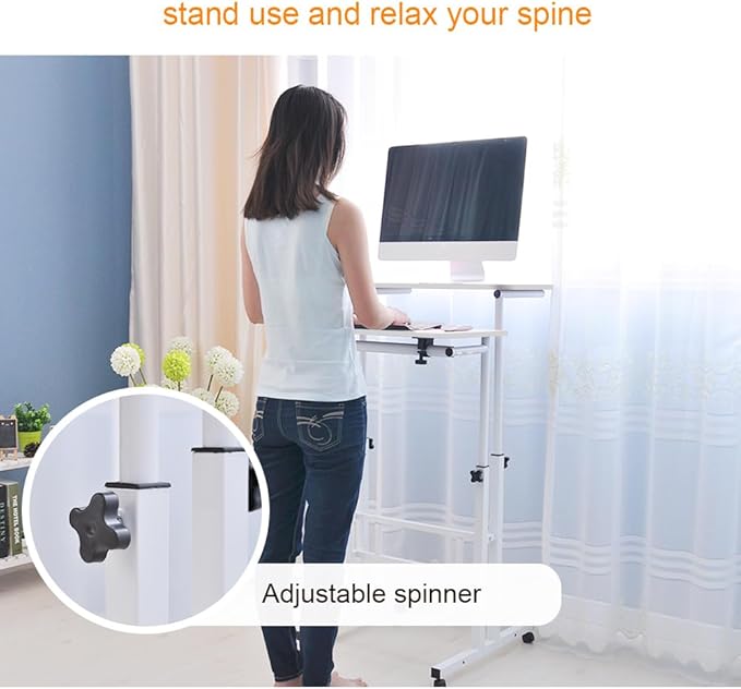 DlandHome Mobile Standing Desk Stand Up Desk Rolling Desk Stand Sit Desk Mobile Computer Desk Adjustable Standing Desk 23.6inches Table Workstation Mobile Desk Cart Tray White