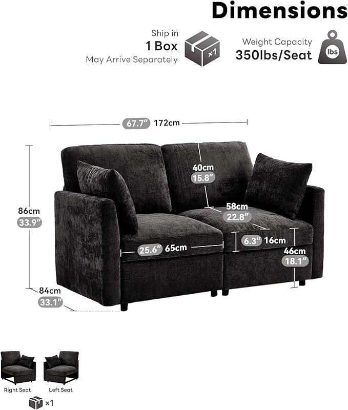 Tbfit 59 Loveseat Sofa Chenille Small Sofa Couch Love Seat with 2 Pillows for Small Space Bedroom &amp Living Room Black