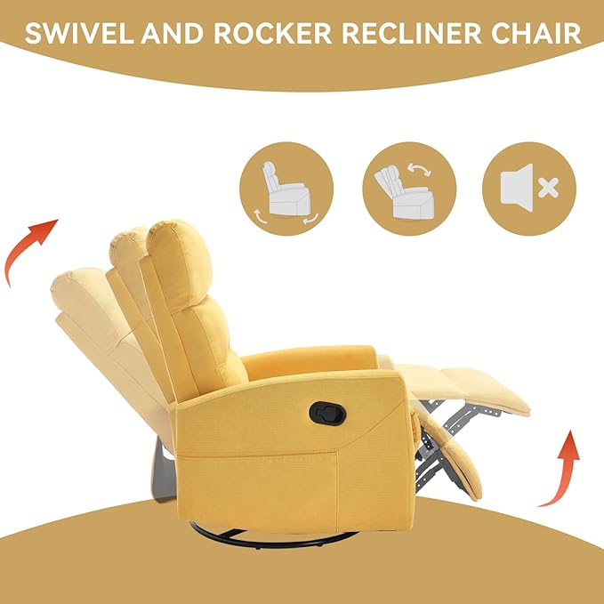 Swivel Rocking Recliner Chair Upholstered Glider Rocker with Adjustable Backrest and Footrest Modern Rocking Chair for Adults with 2 Pockets for Nursery Lounge Bedroom Living Room (Yellow)