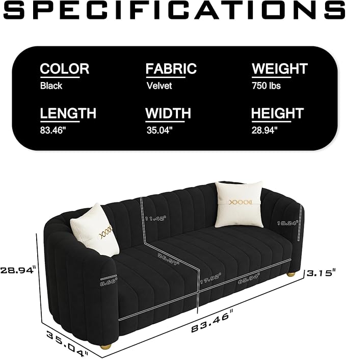 83 Black Velvet Couch Modern Sofas for Living Room Velvet Sofa 3 Seater Solid Wood Frame with Gold Metal Legs and Two Pillows Comfy Black Gold Sofa