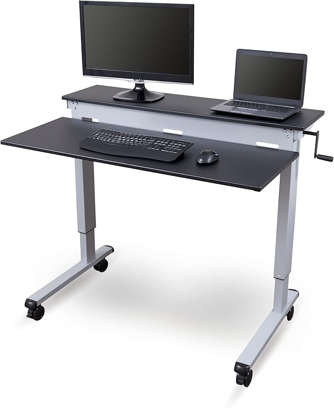 S STAND UP DESK STORE Crank Adjustable 2-Tier Standing Desk with Heavy Duty Steel Frame (Silver Frame/Black Top 48 inch Wide