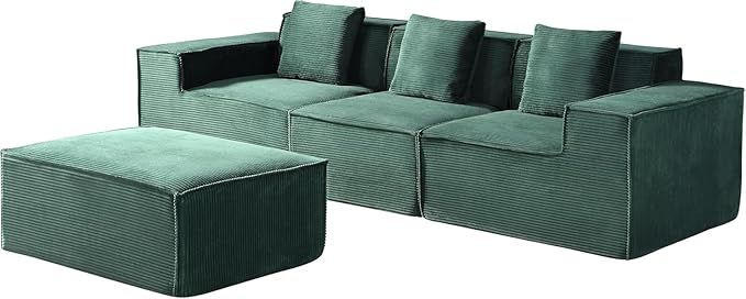 Harper Convertible Corduroy Sectional Couch with Ottoman &amp Pillows Modular L Shaped Sleeper Sofa Boneless Cloud Couch for Living Room Furniture Dark Green