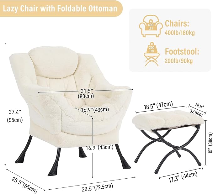 Lazy Chair with Ottoman Modern Accent Chair with Armrests and a Side Pocket Plush Beige Accent Chairs Reading Chairs Oversized Armchairs for Bedroom Study Living Room Courtyard