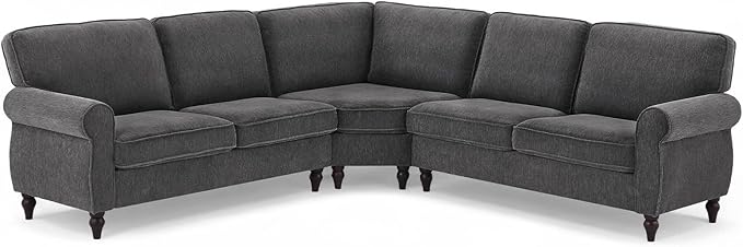 ONBRILL 101 L Shaped Couch Sectional Corner Sofa with Rolled Arms 5 Seater Chenille Fabric Couch w/Springs Seat Cushion Wooden Legs Comfy Oversized Sofa for Living Room Apartment Grey