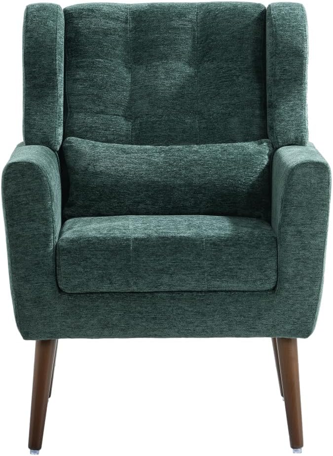 Modern Accent ChairChenille Arm Chairs for Living RoomUpholstered Mordern ArmchairComfy Soft Padded Lounge Chair in Small Space Bedroom w/Pillow Solid Wood Leg (Blackish Green + Chenille)