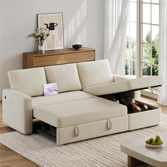 Yaheetech Sectional Sofa L-Shaped Sofa Couch Bed w/Chaise &amp USB Reversible Couch Sleeper w/Pull Out Bed &amp Storage Space Living Room Beige
