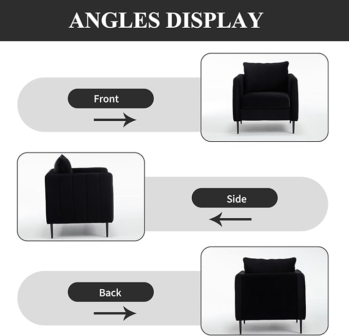 Modern Accent Chair Velvet Upholstered Living Room Chair with Pillow Mid-Century Armchair with Striped Armrest Living Room Chair for Bedroom Apartment (Black)