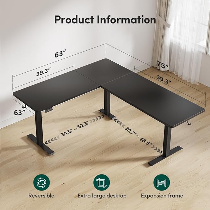 FEZIBO 75x63 L Shaped Standing Desk Electric Height Adjustable L Shaped Desk Suitable for Home Office Black