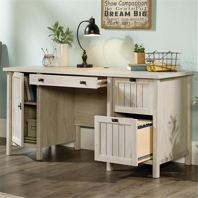 Pemberly Row Cottage Look Home Office Computer Desk with CPU Tower Storage and Filing Drawer in Chalked Chestnut