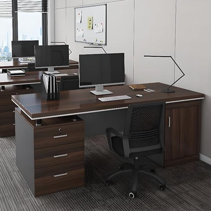 LITFAD Wood Office Computer Desk with Cabinet Locking Drawer and Cord Management Modern Executive Desk Simple Writing Desk Home Office Furniture Without Chairs 55 L x 24 W x 30 H Brown