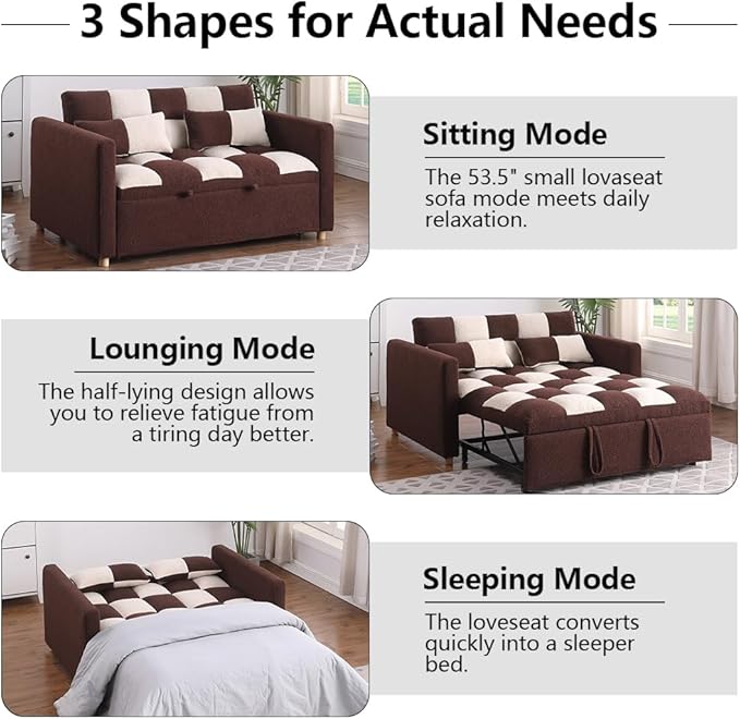 Convertible Sofa Bed - 53.5'' Loveseat Sleeper Sofa3-in-1 Teddy Velvet Pull-Out Bed with Adjustable BackrestMulti-Functional Lounge Chair for Living RoomSmall Space(Brown + Beige)