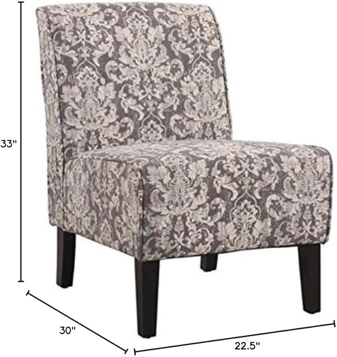 Atlin Designs Accent Fabric Slipper Chair Gray Damask Jacquard Upholstery Button Tufted 33 H x 22.5 W x 30 D Black Finish Hardwood Frame Comfortable Living Room or Bedroom Accent Seating