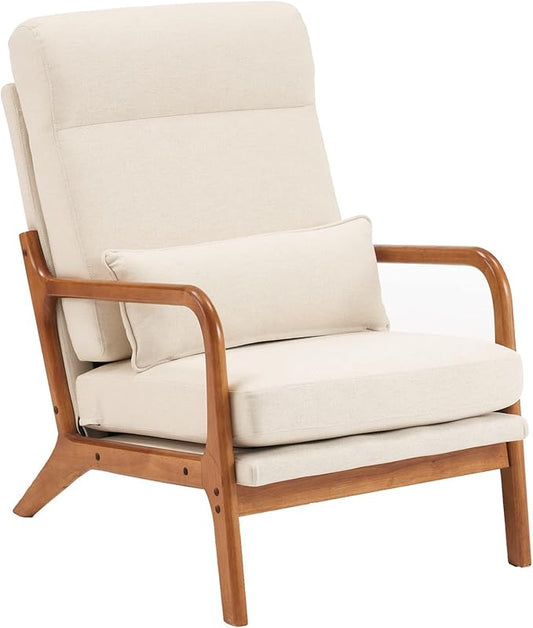 Accent Chair Mid-Century Modern Chair with Pillow High Back Upholstered Lounge Arm Chair with Solid Wood Frame &amp Soft Cushion for Living Room Bedroom Belcony White