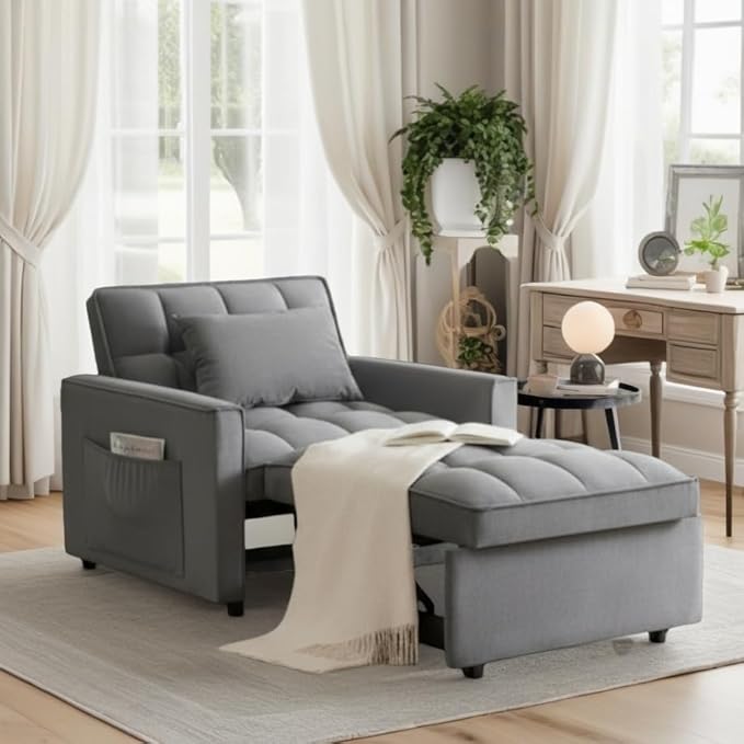 Convertible Sleeper Chair Pull Out Chair Sleeper with Adjustable Back &amp Pocket Chairs Bed Sleepers for Adults 3 in 1 Sofa Bed Chairs for Small Spaces Living RoomGray
