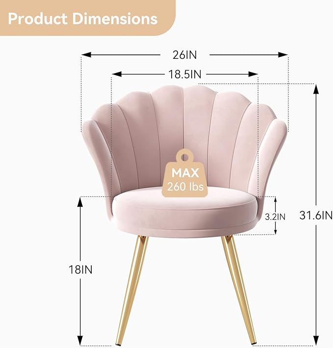Velvet Accent Chair with Gold Metal Legs Vanity Chair for Makeup Room Upholstered Guest Chair for Living Room for Bedroom Light Pink