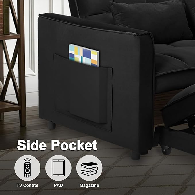 3 in 1 Convertible Sofa Bed Pull Out Couch with Adjustable Backrest Velvet Sleeper Sofa Loveseat with Pillows and Side Pockets for Living Room Bedroom Apartment Black