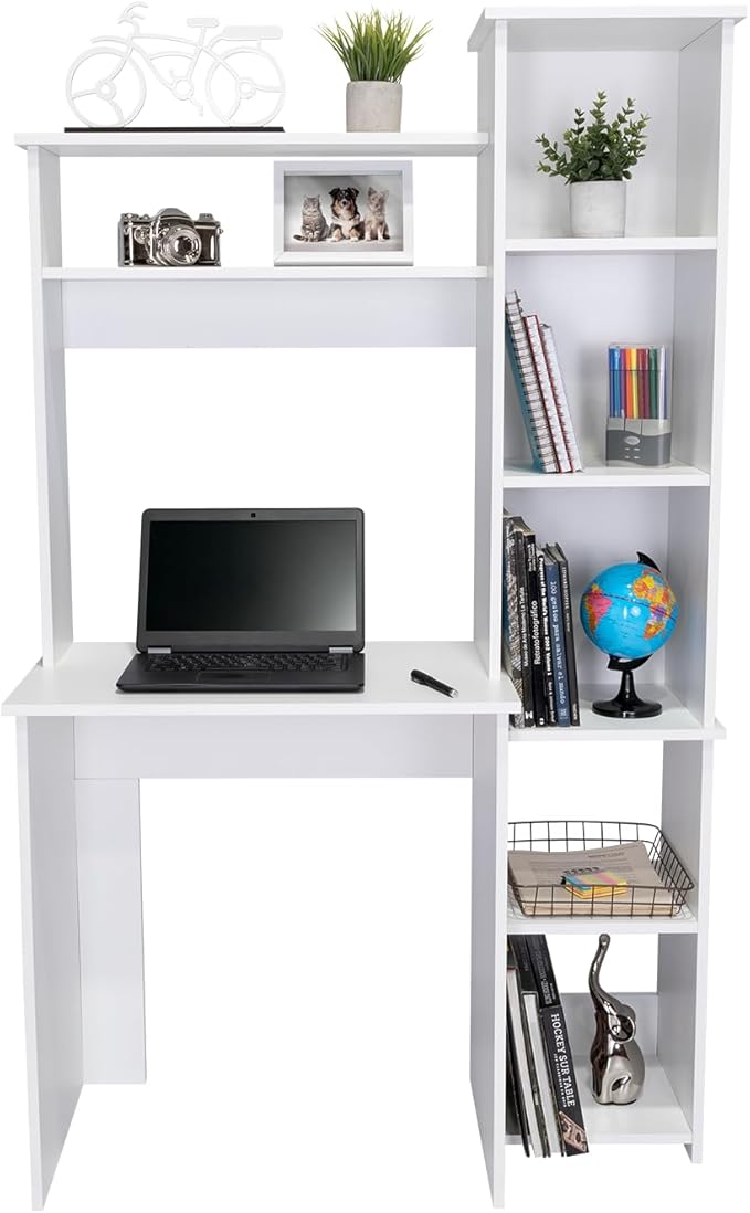 Tuhome Versalles Writing Desk with Two Superior Shelves Five Side Open Storage Compartments Space-Saving Modern Workstation Design for Studios and Offices Ideal for Organization Books