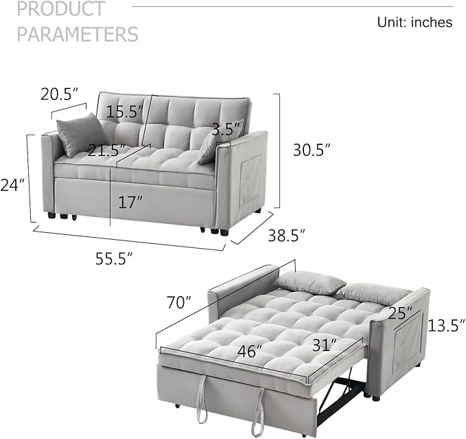 Velvet Convertible Sleeper Sofa 3-in-1 Pull Out Couch Bed with PillowsAdjustable BackrestStorage Pockets with Armrests for Living Room &amp Bedroom (Grey)
