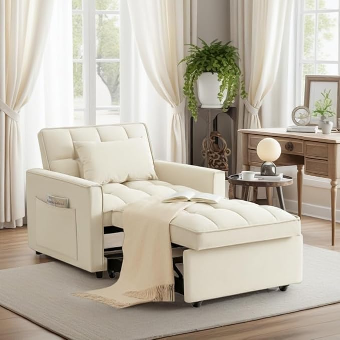 Sleeper Chair Pull Out Chair Sleeper with Adjustable Back &amp Pocket Convertible Chairs Bed Sleepers for Adults 3 in 1 Sofa Bed Chairs for Small Spaces Living Room White