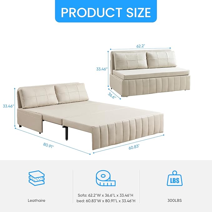 PUREMIND Queen Pull Out Sofa Bed 3 in 1 Convertible Sleeper Sofa Couch with Pull Out Bed Armless Loveseat Sleeper Foldable Couch Bed for Living Room Small Space