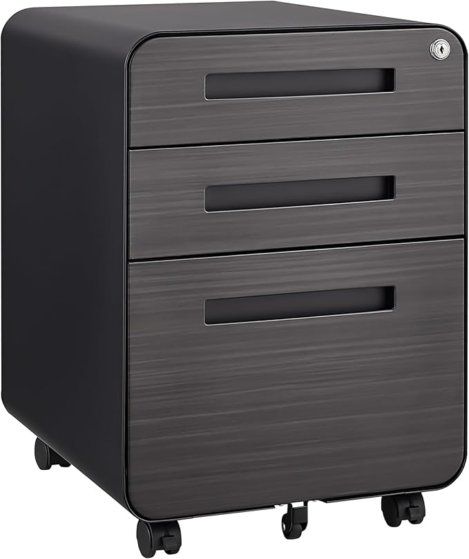 Office Pedestal File Cabinet: Lockable Compact Storage Solution for Home Office - Under Desk Cabinet with Removable Pencil Tray Hanging Bar and 5 Utility Wheels (Black+Brown)