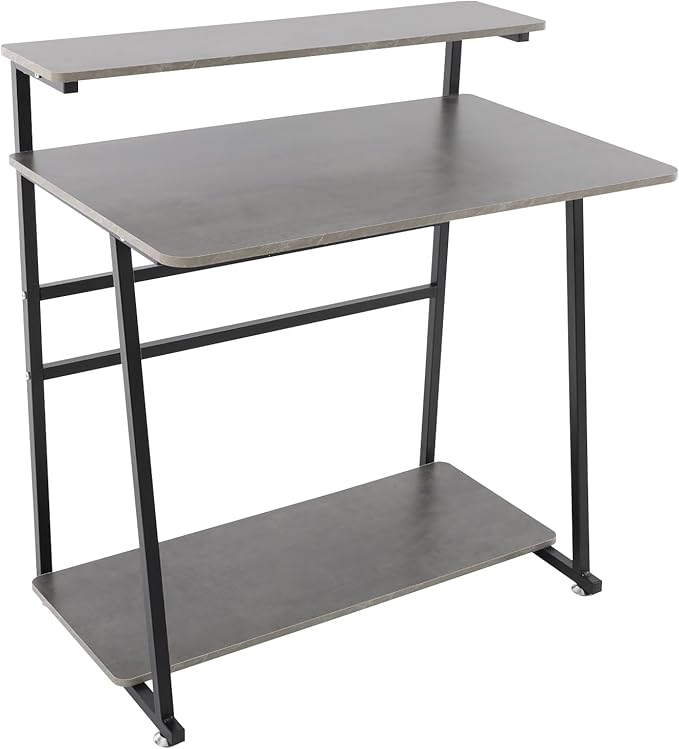 Small Office Mobile Computer Desk 3-Tier Laptop Table with Storage Shelves Tiny Computer Desk with Wheels for Home Office Bedroom Living Room Studio (Grey+Black)