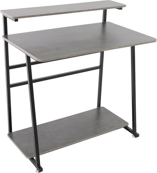 Small Office Mobile Computer Desk 3-Tier Laptop Table with Storage Shelves Tiny Computer Desk with Wheels for Home Office Bedroom Living Room Studio (Grey+Black)